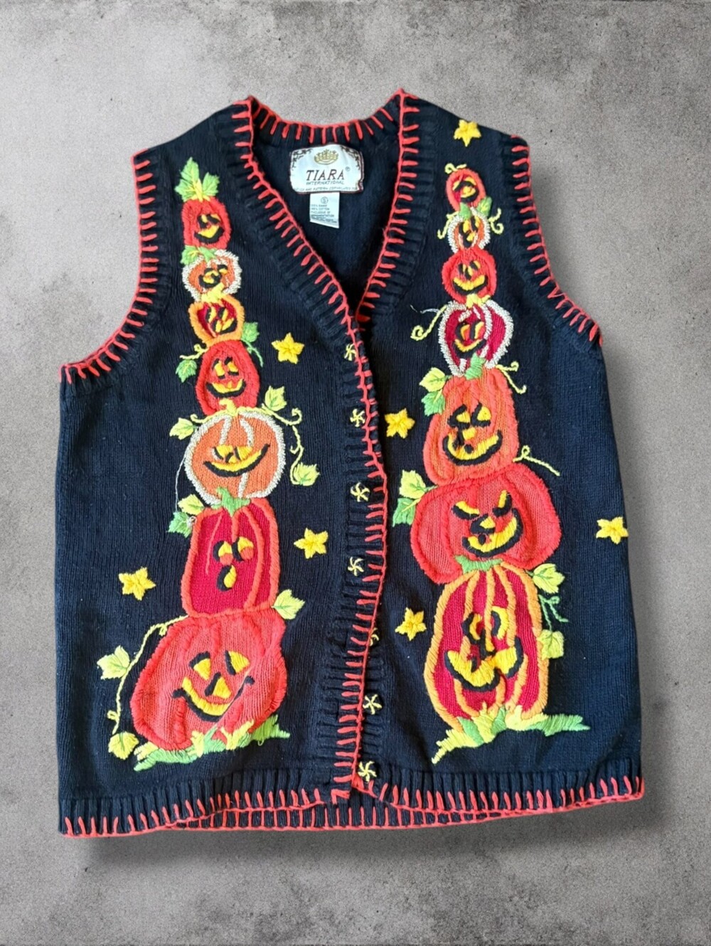 Vintage 90s Tiara Pumpkin Graphic Fall Knit Vest Size Small Button Up Cute